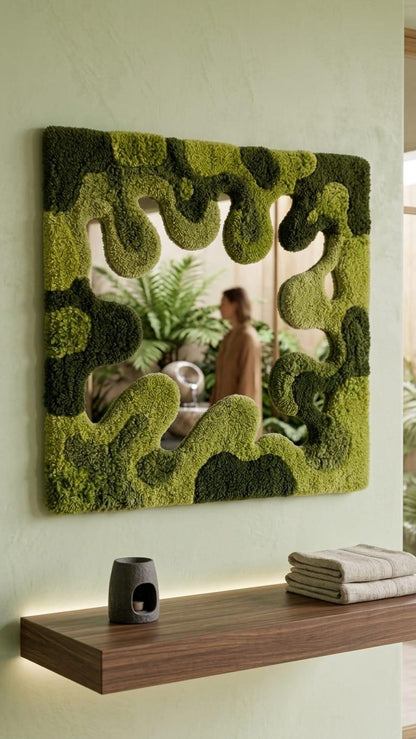 Tufted Moss Mirror | Wavy Punch Needle Wall Art, Organic Modern Decor