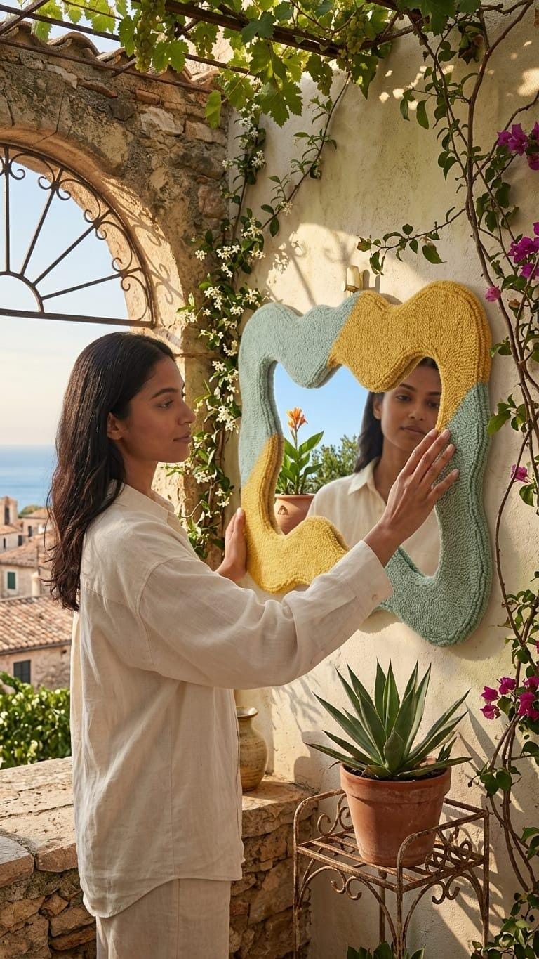 Tufted Wavy Mirror, Sage Green Mustard Yellow Punch Needle Wall Art