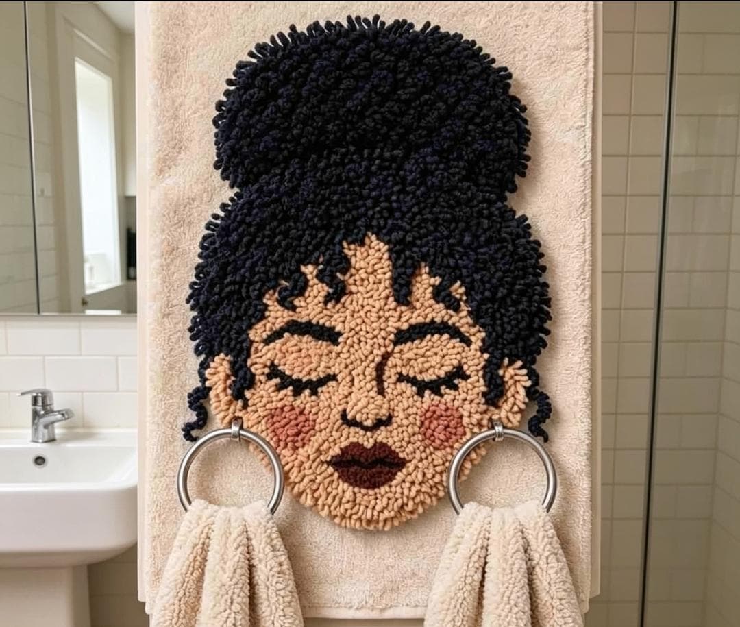 Hand-Punch Needle Afro Woman Towel Holder, Boho Bathroom Wall Art, Textured Face Decor