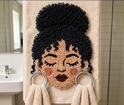 Hand-Punch Needle Afro Woman Towel Holder, Boho Bathroom Wall Art, Textured Face Decor