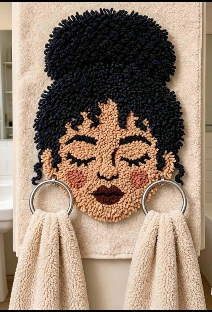 Hand-Punch Needle Afro Woman Towel Holder, Boho Bathroom Wall Art, Textured Face Decor