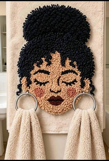 Hand-Punch Needle Afro Woman Towel Holder, Boho Bathroom Wall Art, Textured Face Decor