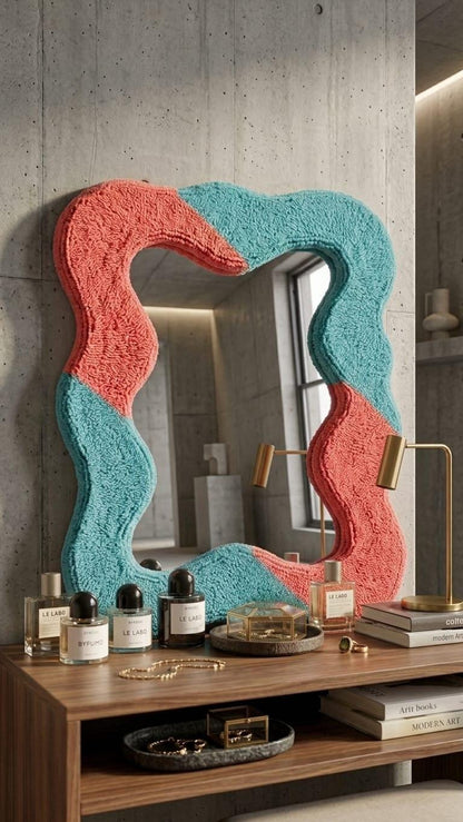 Tufted Wavy Mirror, Pastel Pink and Blue Punch Needle Decor, Asymmetrical Wall Mirror