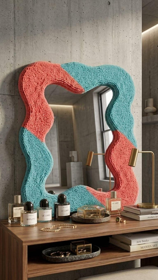 Tufted Wavy Mirror, Pastel Pink and Blue Punch Needle Decor, Asymmetrical Wall Mirror