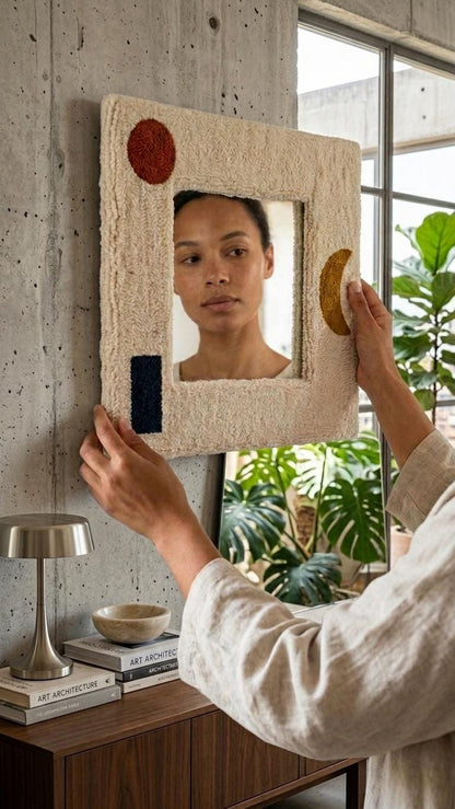 Punch Needle Mirror, Tufted Geometric Boho Wall Decor, Mid Century Abstract Cosmetic Mirror