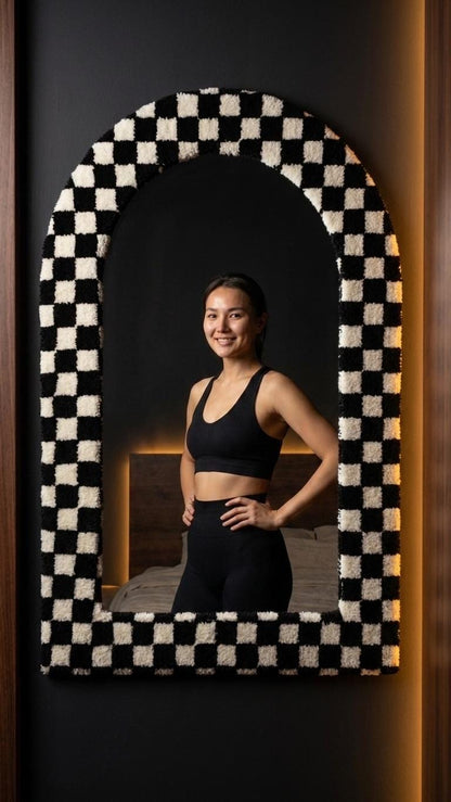 Tufted Arch Mirror, Black White Checkerboard Wall Decor, Soft Textured Frame