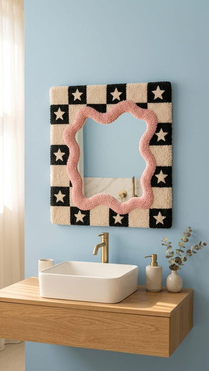 Tufted Checkerboard Mirror, Pink Wavy Border, Punch Needle Star Wall Art