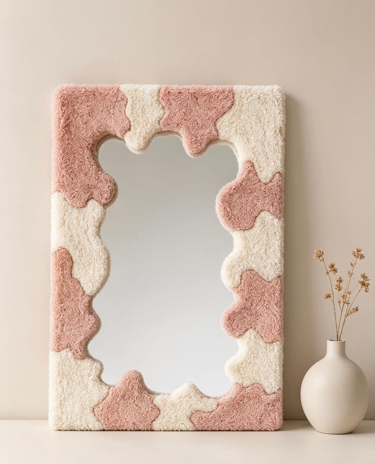 Handmade Tufted Cow Print Mirror, Wavy Plush Vanity Wall Decor