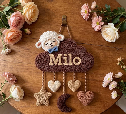 Personalized Tufted Cloud Name Sign, Boho Sheep Nursery Art, Earthy Baby Decor