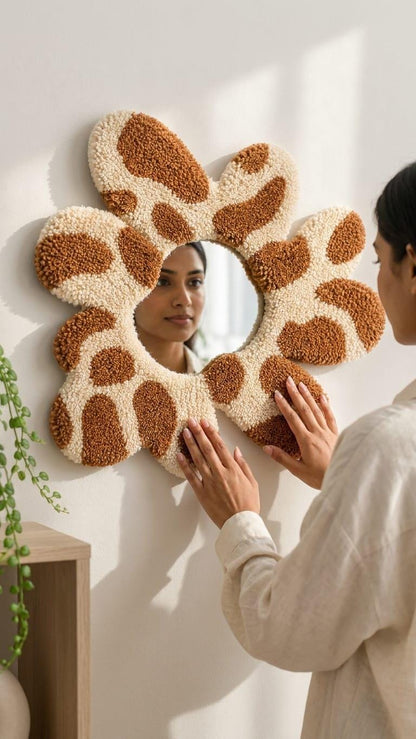 Tufted Flower Mirror | Giraffe Print Punch Needle Wall Art | Boho Decor