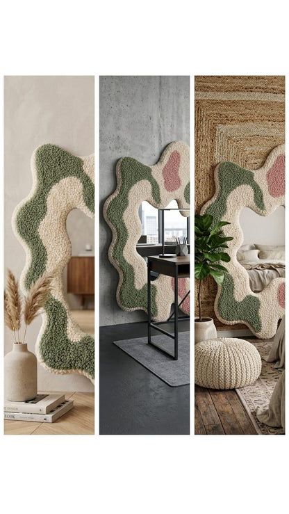Tufted Wavy Mirror, Punch Needle Wall Art, Sage Green Pink Cream Danish Pastel Decor
