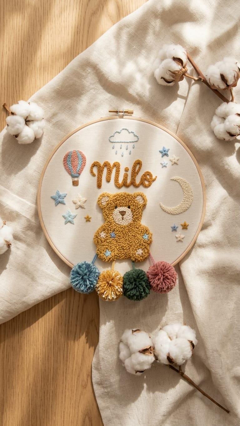 Personalized Teddy Bear Punch Needle Hoop Art, Boho Nursery Decor, Custom Name Sign