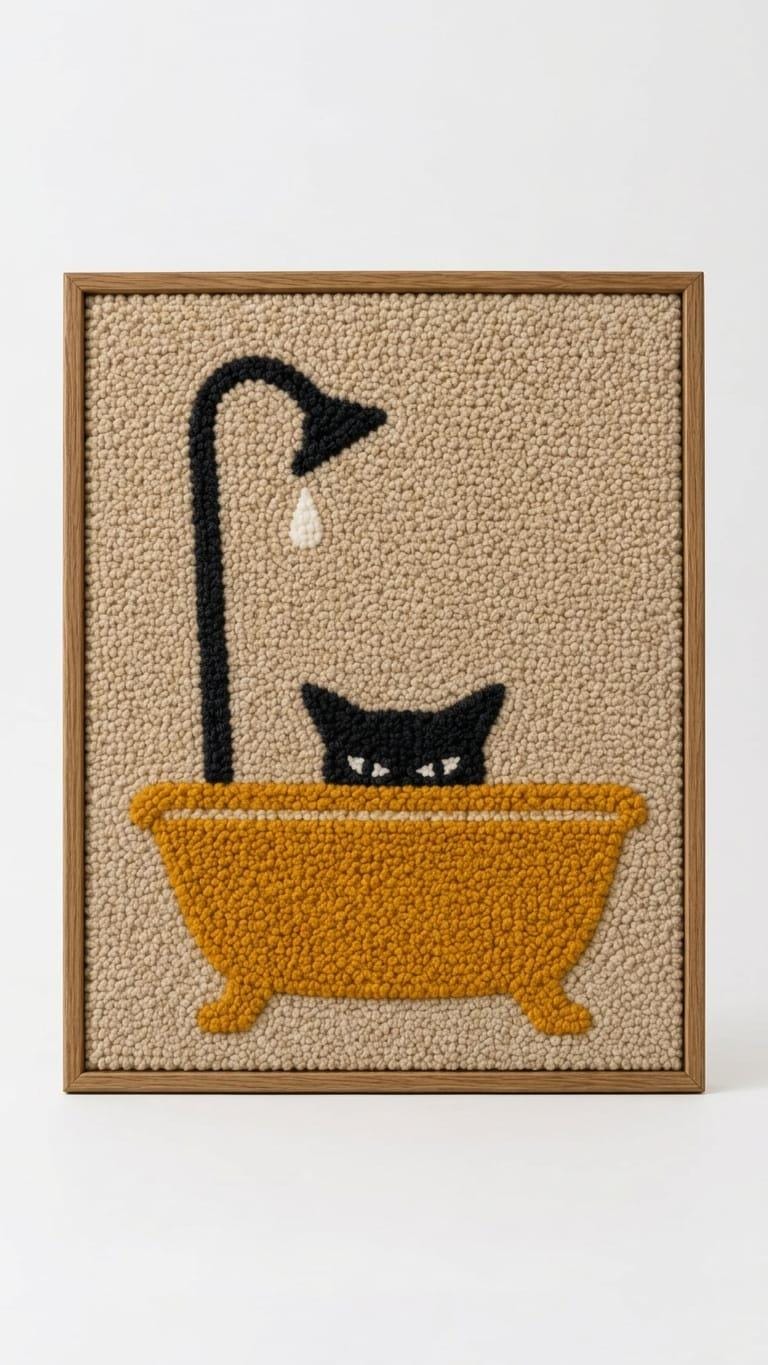 Funny Black Cat Bathtub Wall Art | Tufted Cat in Bath Punch Needle Frame | Cute Bathroom Restroom Decor | Framed Textile Art Gift