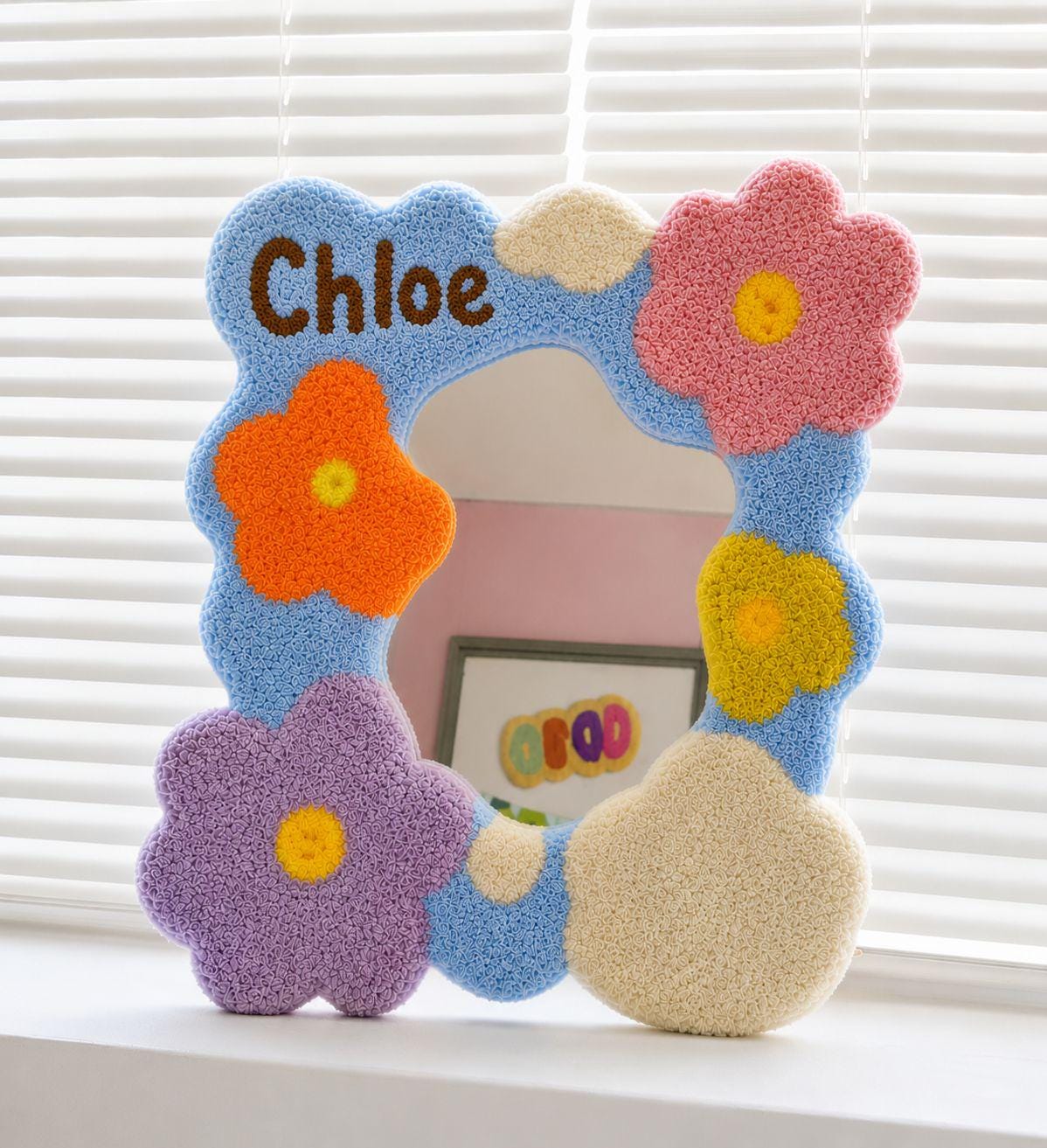 Custom Tufted Flower Mirror, Handmade Wavy Punch Needle Decor