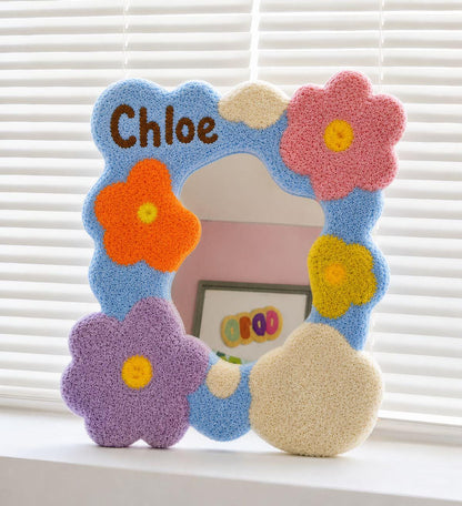Custom Tufted Flower Mirror, Handmade Wavy Punch Needle Decor