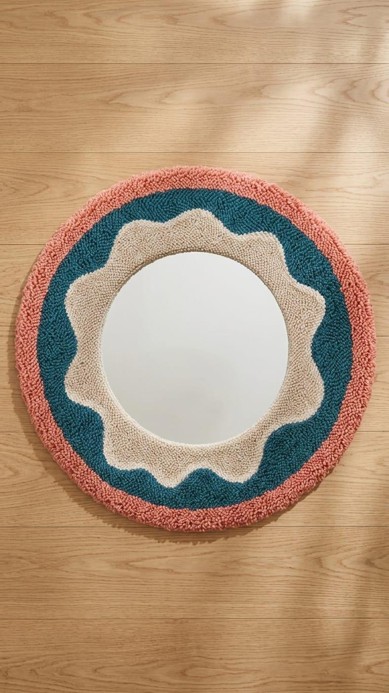 Round Tufted Mirror, Punch Needle Flower Wall Art, Retro Boho Decor
