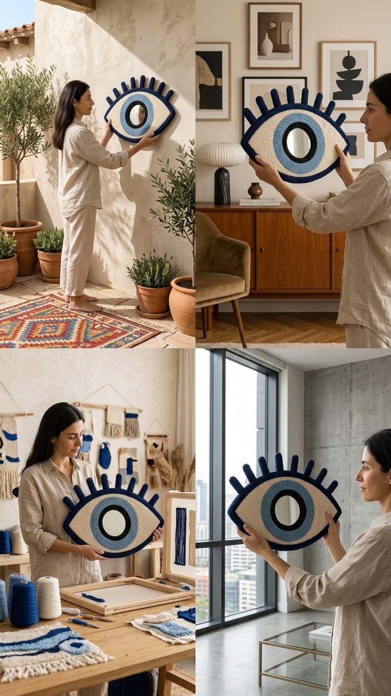 Evil Eye Mirror, Tufted Wall Mirror, Blue Eye Wall Decor, Greek Eye Decor, Boho Wall Mirror, Handmade Mirror, Mediterranean Home Decor
