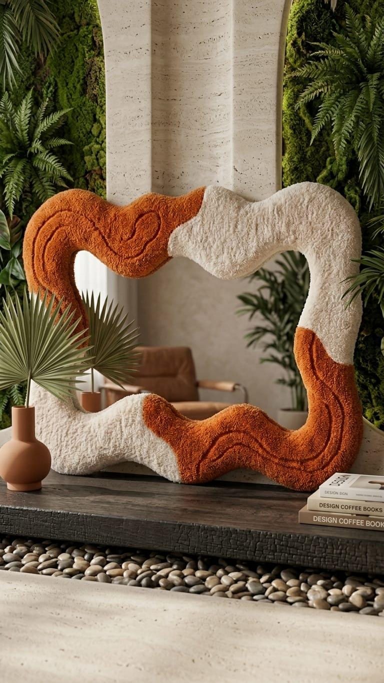Tufted Wavy Mirror, Terracotta Asymmetrical Boho Wall Art, Punch Needle Decor