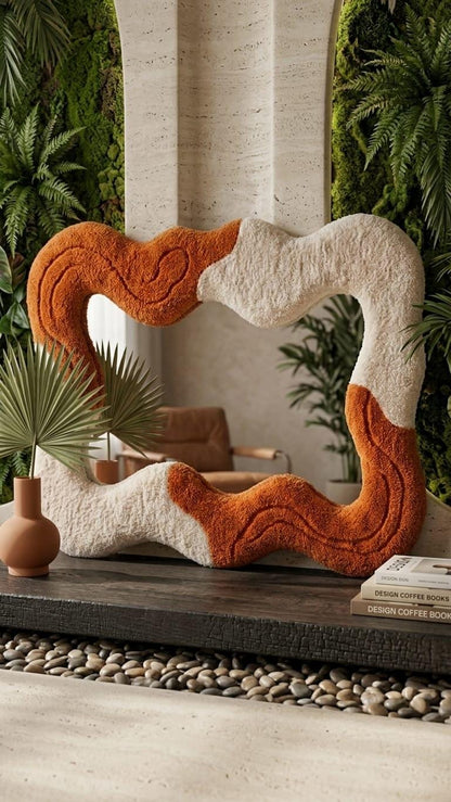 Tufted Wavy Mirror, Terracotta Asymmetrical Boho Wall Art, Punch Needle Decor