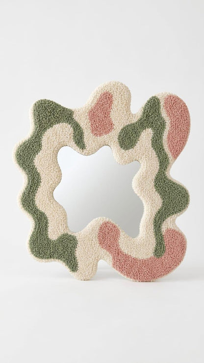 Tufted Wavy Mirror, Punch Needle Wall Art, Sage Green Pink Cream Danish Pastel Decor