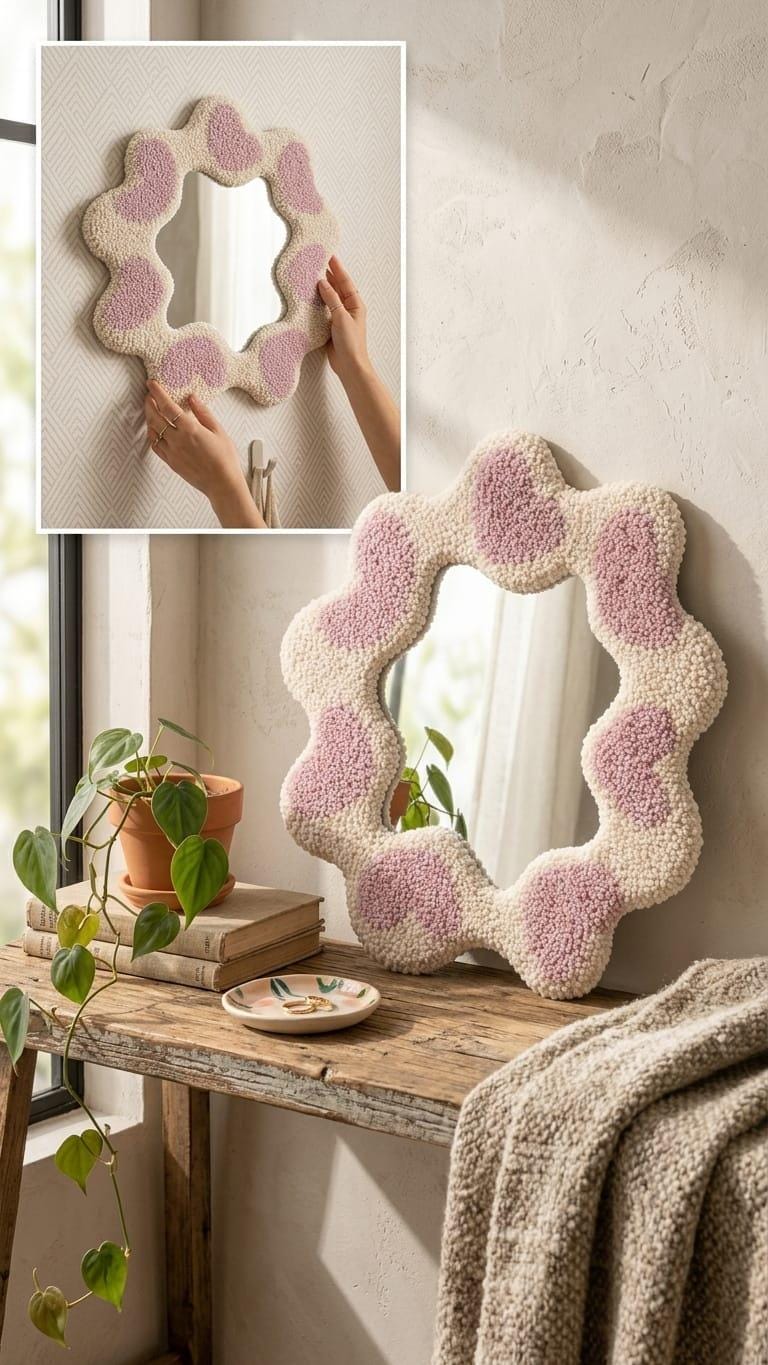 Tufted Heart Mirror, Wavy Pink Punch Needle Wall Decor, Danish Pastel Room Accessory