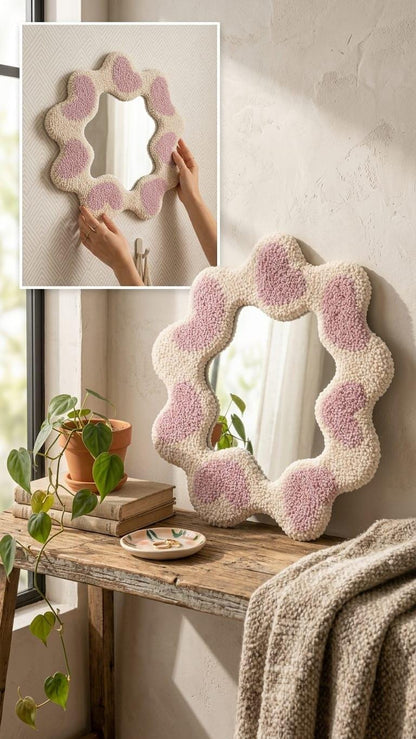 Tufted Heart Mirror, Wavy Pink Punch Needle Wall Decor, Danish Pastel Room Accessory