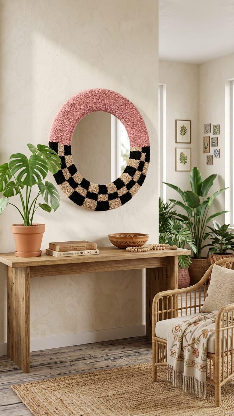 Handmade Tufted Round Mirror | Pink Checkerboard Punch Needle Wall Art