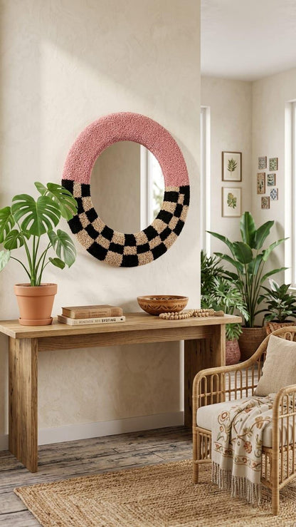 Handmade Tufted Round Mirror | Pink Checkerboard Punch Needle Wall Art