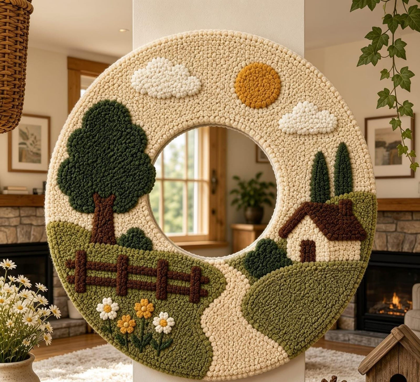 Tufted Landscape Mirror, Round Scenery Wall Art, Punch Needle Cozy Farmhouse Decor