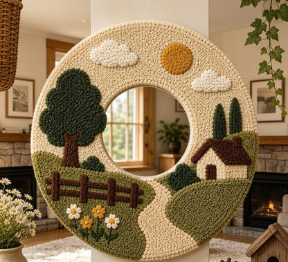 Tufted Landscape Mirror, Round Scenery Wall Art, Punch Needle Cozy Farmhouse Decor