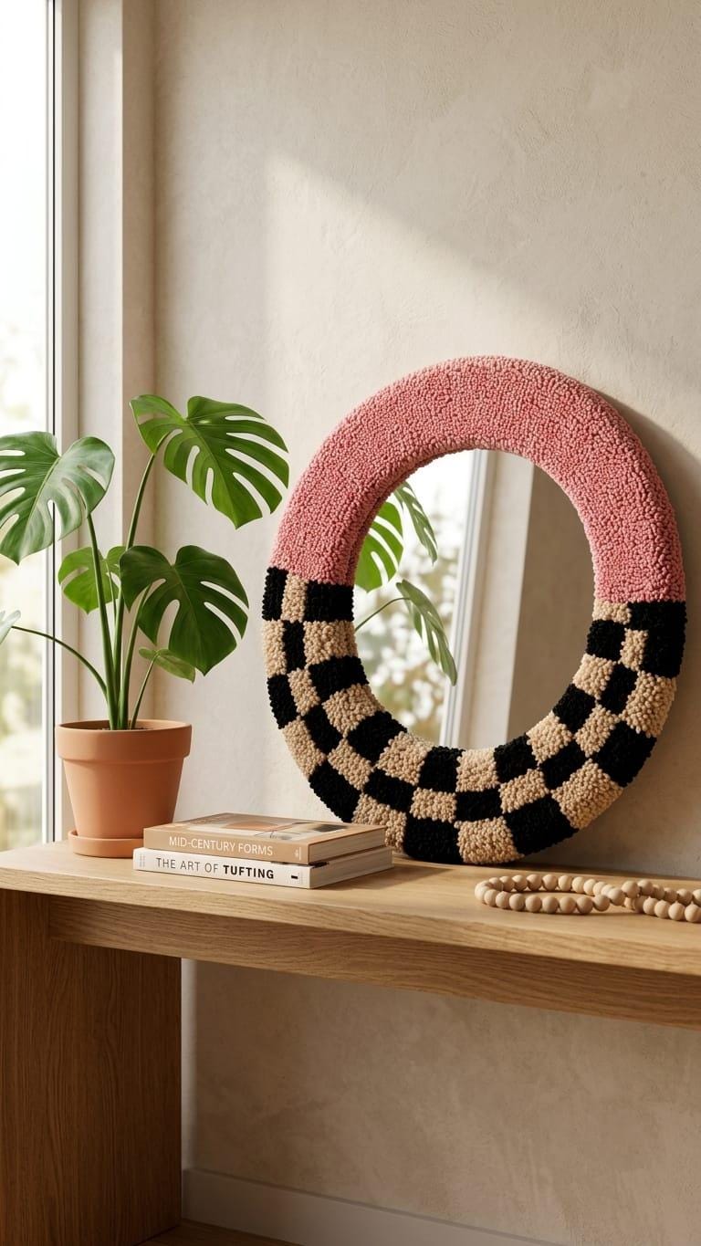 Handmade Tufted Round Mirror | Pink Checkerboard Punch Needle Wall Art