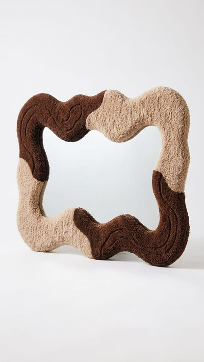 Tufted Wavy Mirror, Asymmetrical Chocolate Cream Wall Decor, Punch Needle Boho Style