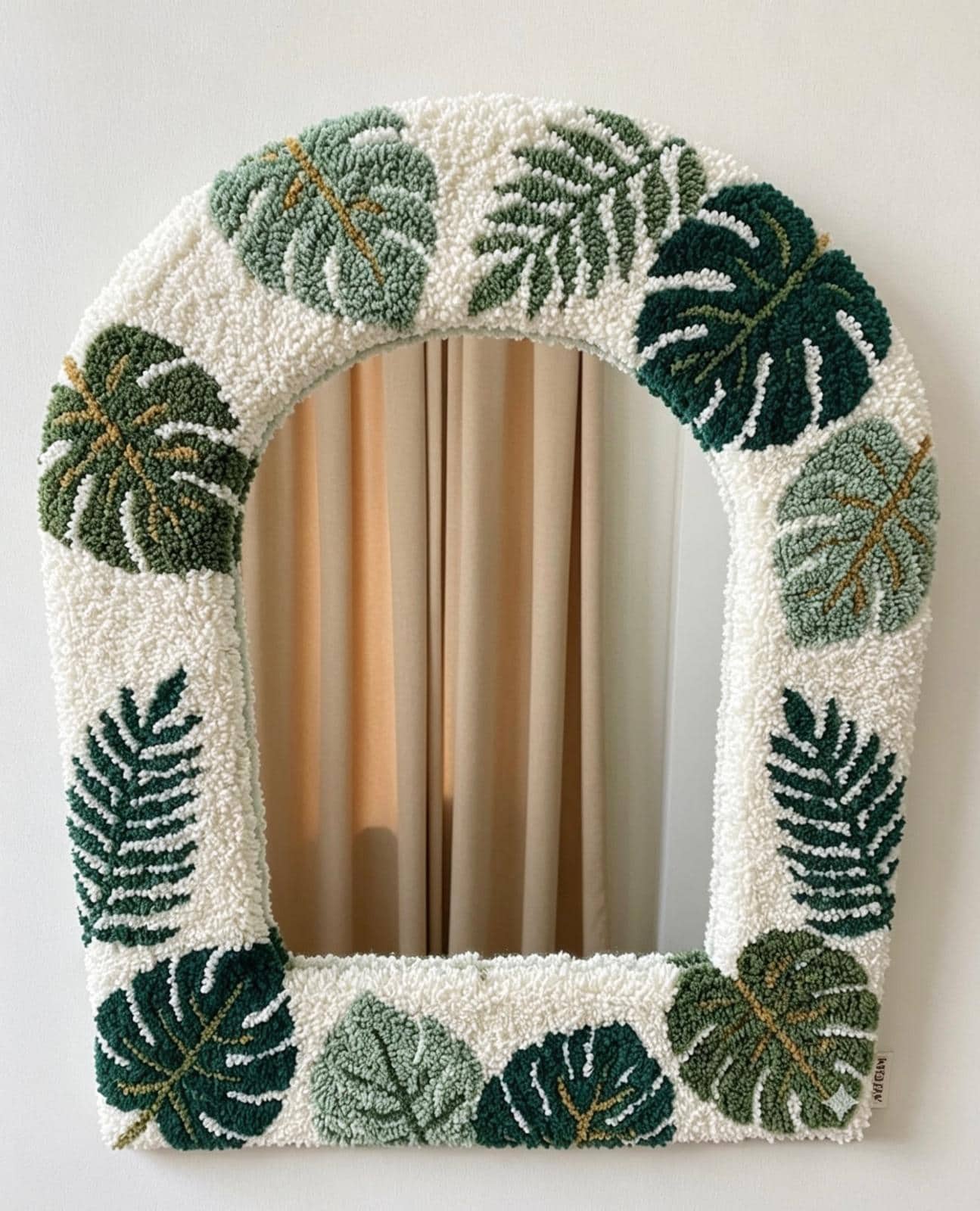 Tufted Arch Mirror with Monstera Leaves, Punch Needle Botanical Wall Decor