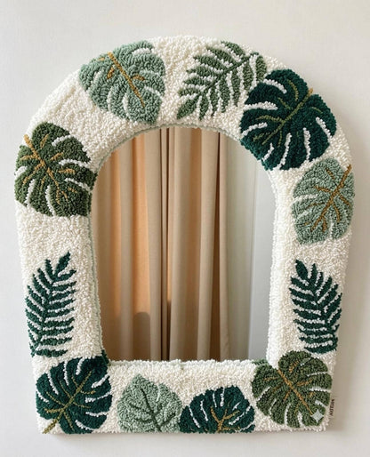 Tufted Arch Mirror with Monstera Leaves, Punch Needle Botanical Wall Decor
