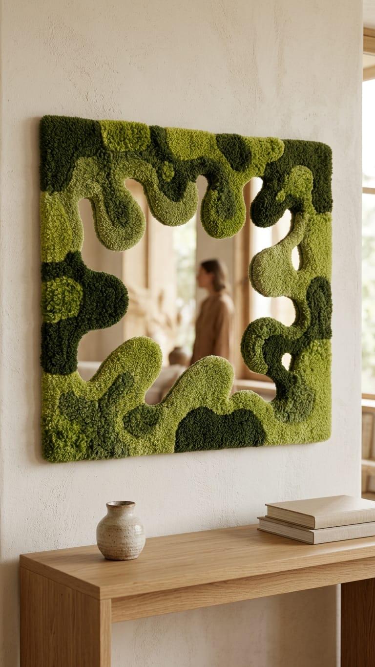 Tufted Moss Mirror | Wavy Punch Needle Wall Art, Organic Modern Decor