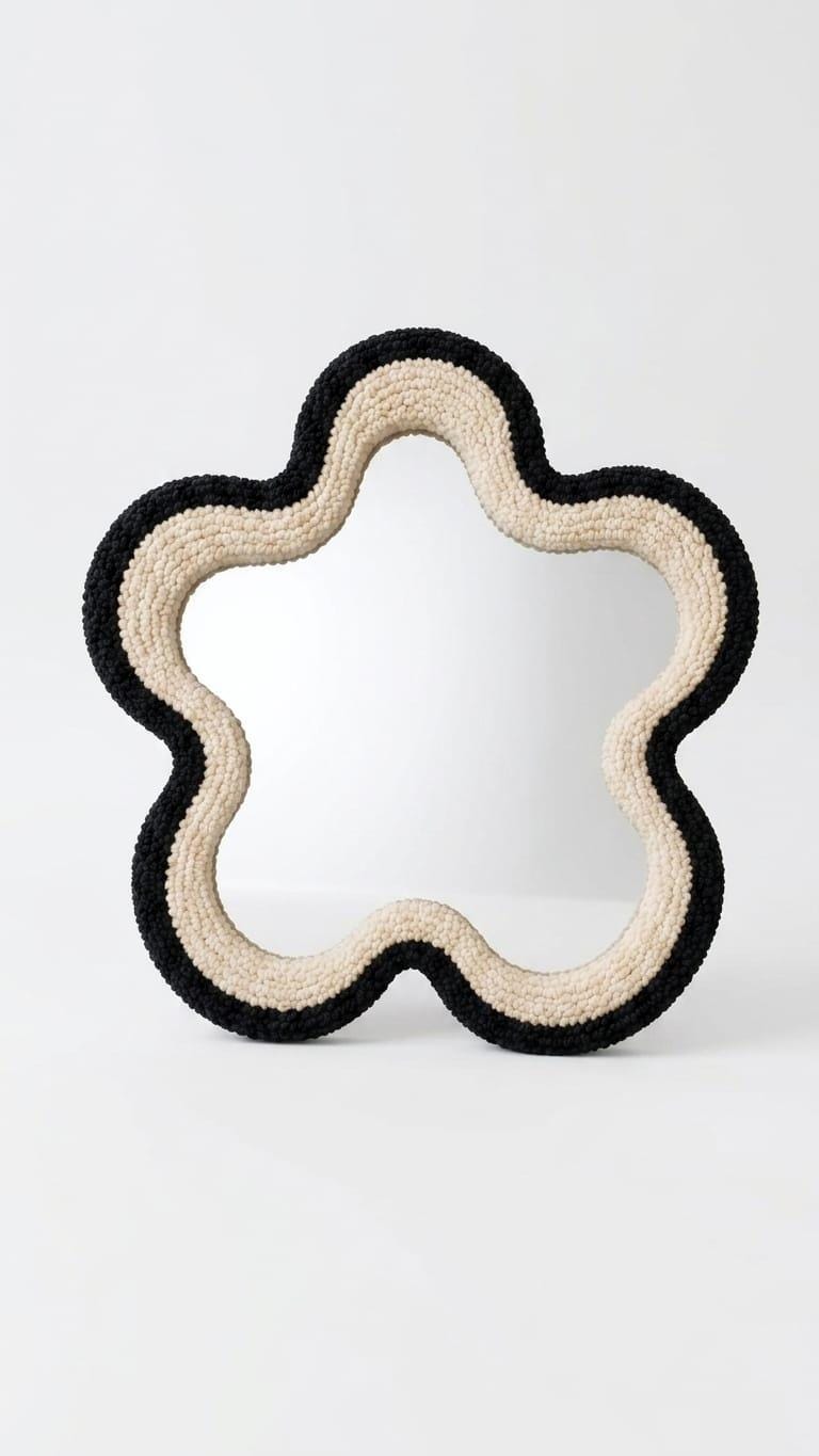 Tufted Flower Mirror | Black and Cream Punch Needle Wall Art | Wavy Star Shaped Mirror | Modern Japandi Room Decor | High Contrast Accent