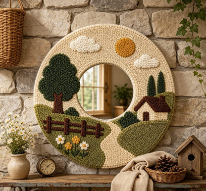 Tufted Landscape Mirror, Round Scenery Wall Art, Punch Needle Cozy Farmhouse Decor