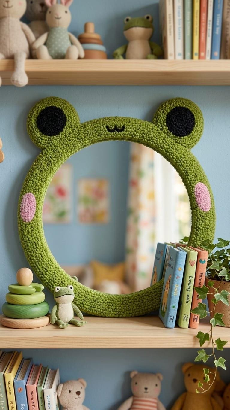 Tufted Frog Mirror | Cute Kawaii Punch Needle Wall Art | Green Frogcore Room Decor | Animal Shaped Mirror | Whimsical Nursery Gift