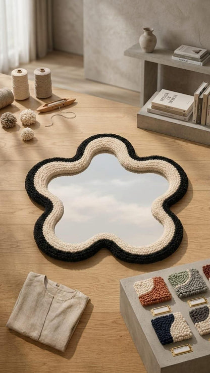Tufted Flower Mirror | Black and Cream Punch Needle Wall Art | Wavy Star Shaped Mirror | Modern Japandi Room Decor | High Contrast Accent