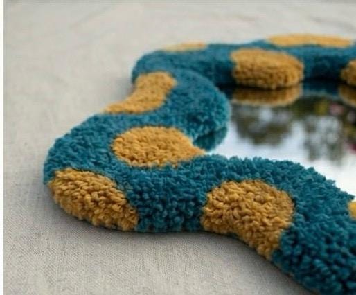 Handmade Tufted Flower Mirror, Blue Wavy Plush Vanity Mirror