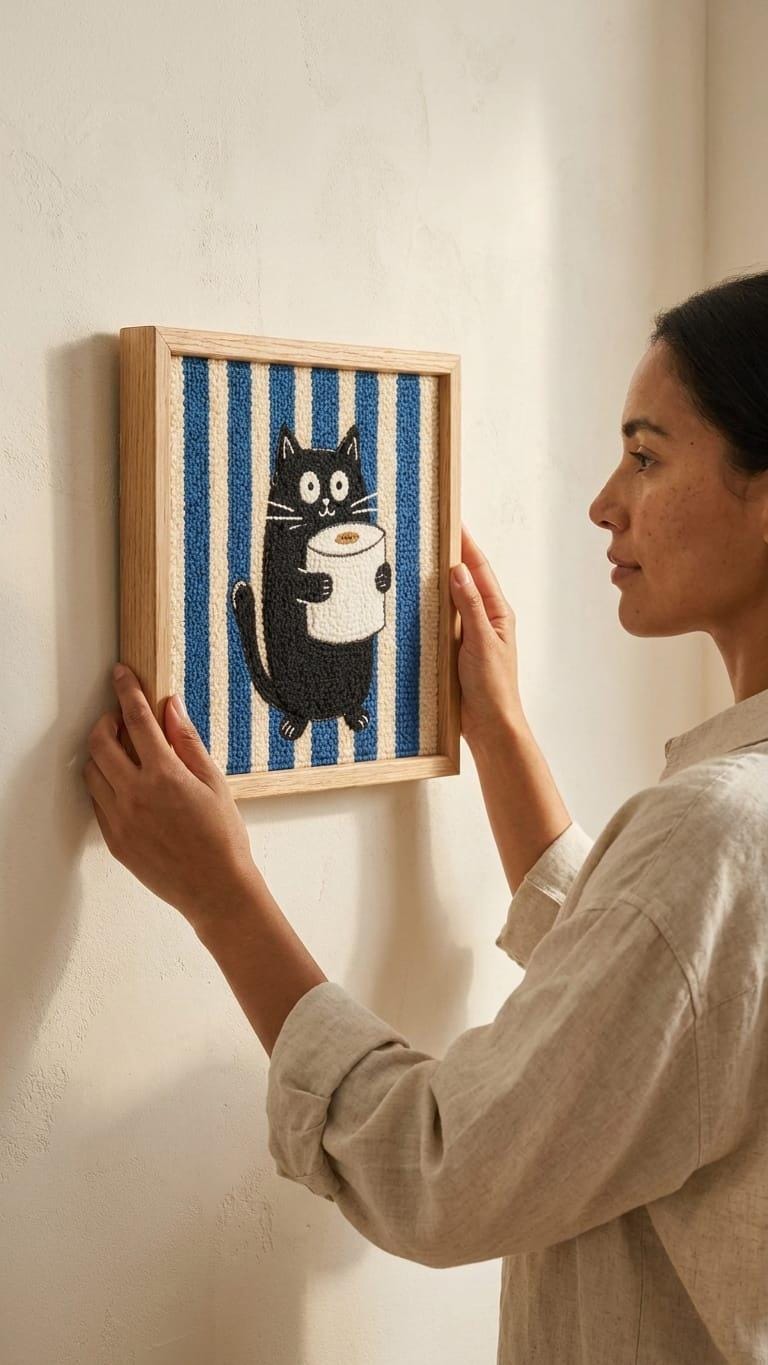 Funny Black Cat Bathroom Wall Art | Tufted Toilet Paper Cat Frame | Punch Needle Restroom Decor | Cat Lover Gift