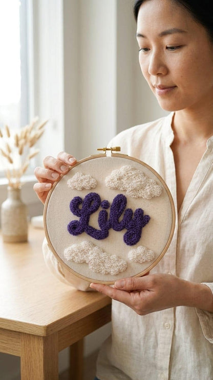 Personalized Punch Needle Hoop Art, Custom Name Sign, Nursery Cloud Decor
