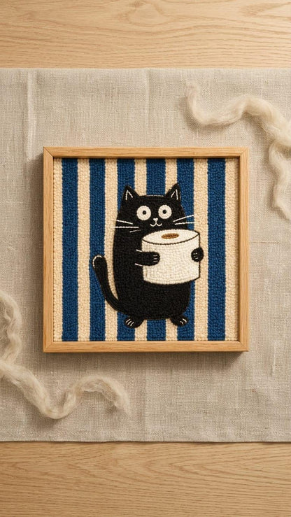 Funny Black Cat Bathroom Wall Art | Tufted Toilet Paper Cat Frame | Punch Needle Restroom Decor | Cat Lover Gift