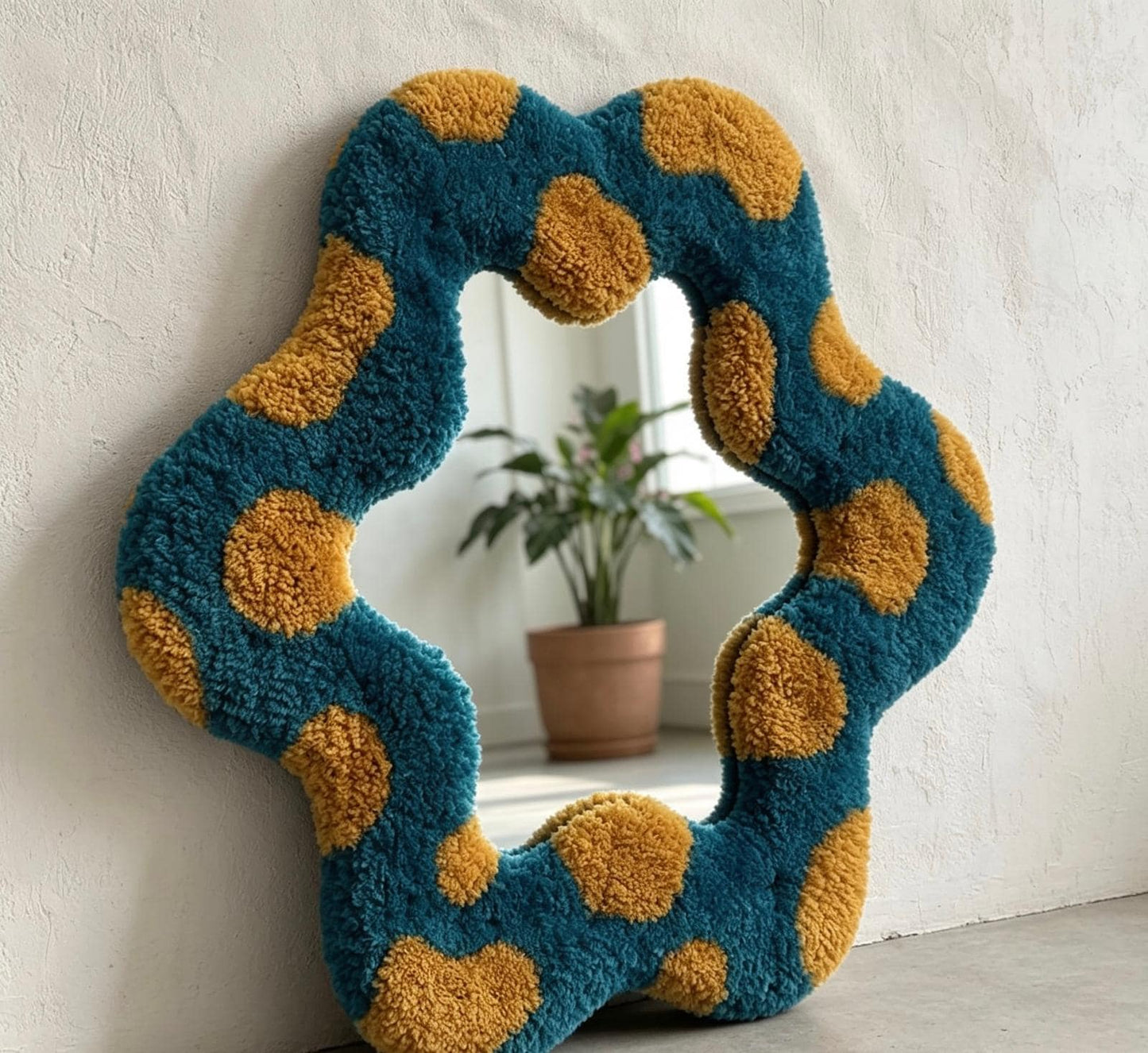 Handmade Tufted Flower Mirror, Blue Wavy Plush Vanity Mirror