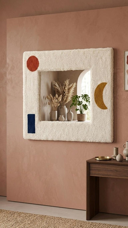 Punch Needle Mirror, Tufted Geometric Boho Wall Decor, Mid Century Abstract Cosmetic Mirror