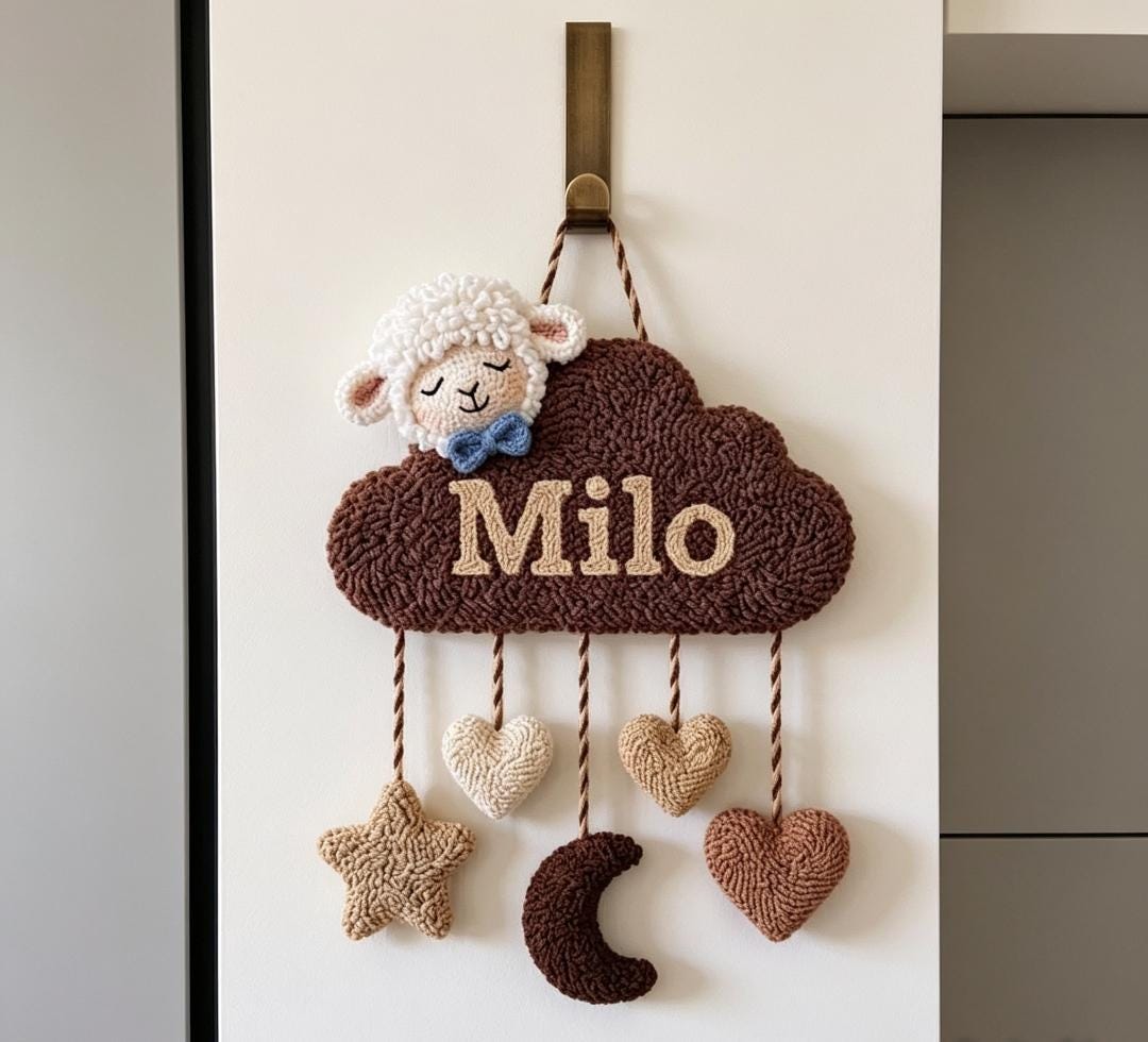 Personalized Tufted Cloud Name Sign, Boho Sheep Nursery Art, Earthy Baby Decor