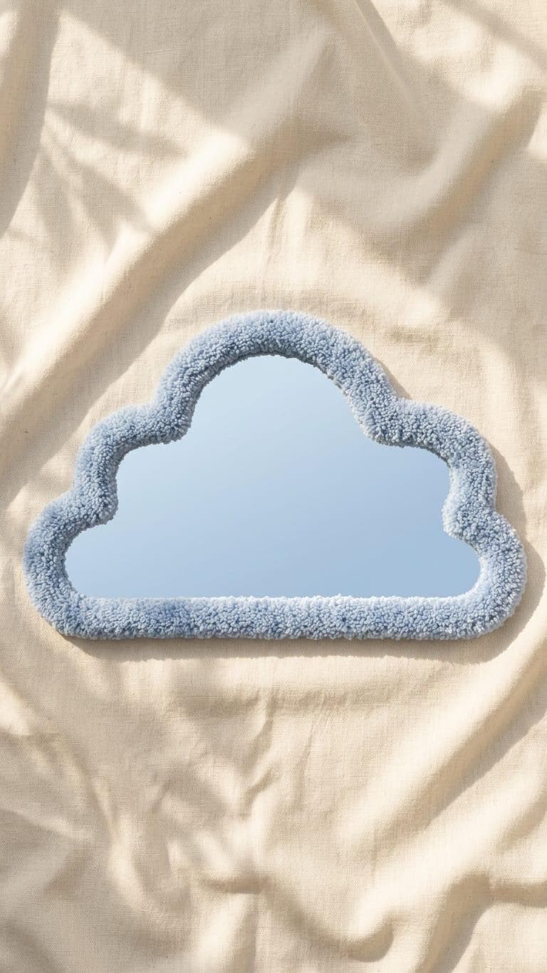 Tufted Cloud Mirror | Pastel Blue Punch Needle Art, Tabletop Decor