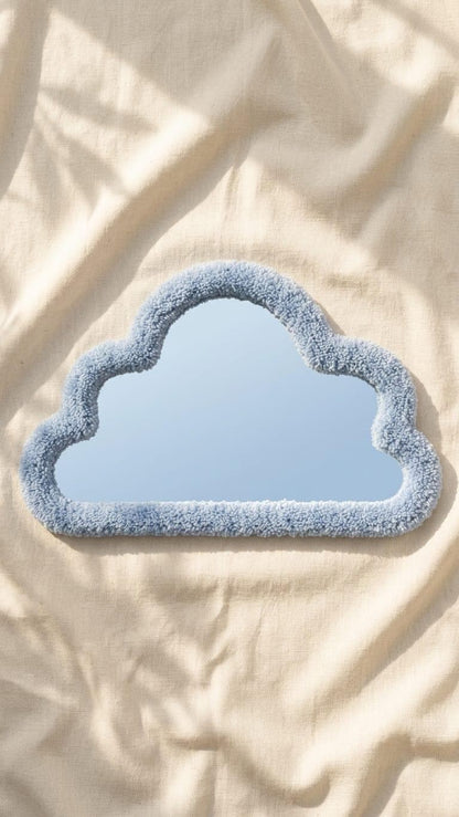 Tufted Cloud Mirror | Pastel Blue Punch Needle Art, Tabletop Decor