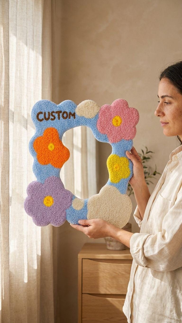 Custom Tufted Flower Mirror, Handmade Wavy Punch Needle Decor
