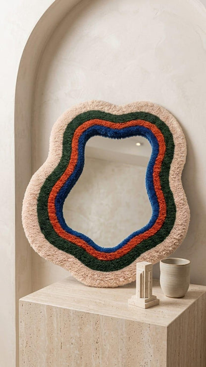Tufted Wavy Mirror | Retro 70s Punch Needle Wall Art, Mid Century Modern Home Decor